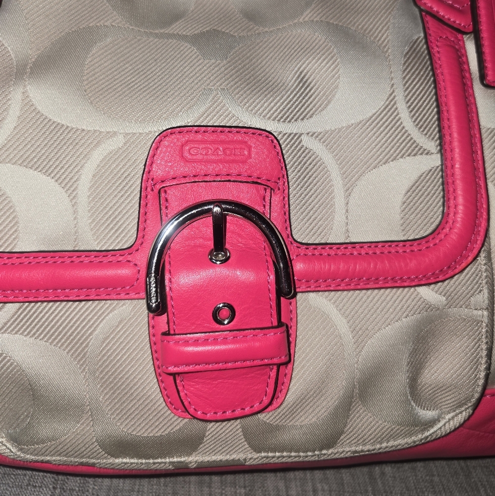New Coach Abbey Signature Carryall shoulder bag Khaki and Pomegranate Pink - Picture 2 of 9